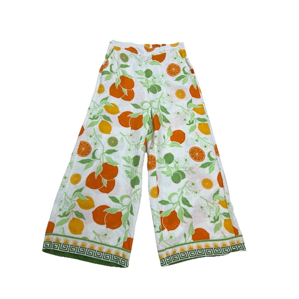 Rachel Zoe Linen Blend Wide Leg Pants Womens Sz Small Citrus Fruit Print New